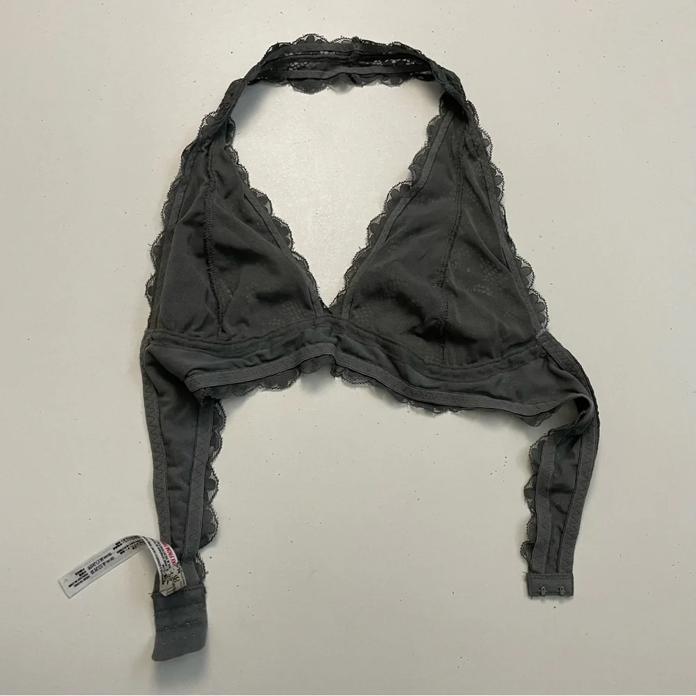 Free People Intimately Bralette Galloon Lace Halter Adjustable Band Floral Grey